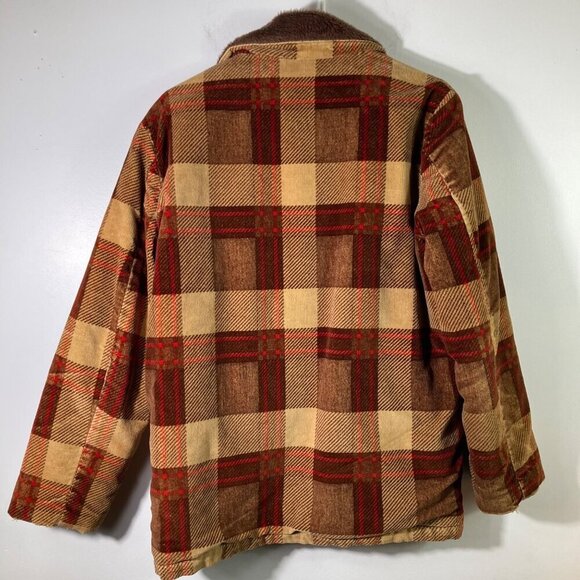 Mens Vintage 70s Plaid Corduroy Faux‎ Fur Jacket Thrashed Brown Red M Flaw - Picture 2 of 12